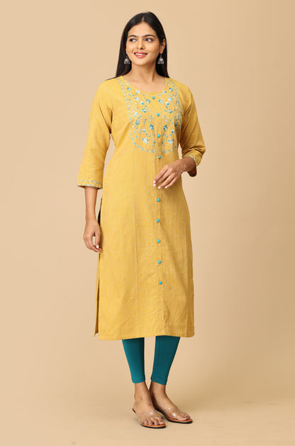 Mustard Khadi Embroidery Kurti
