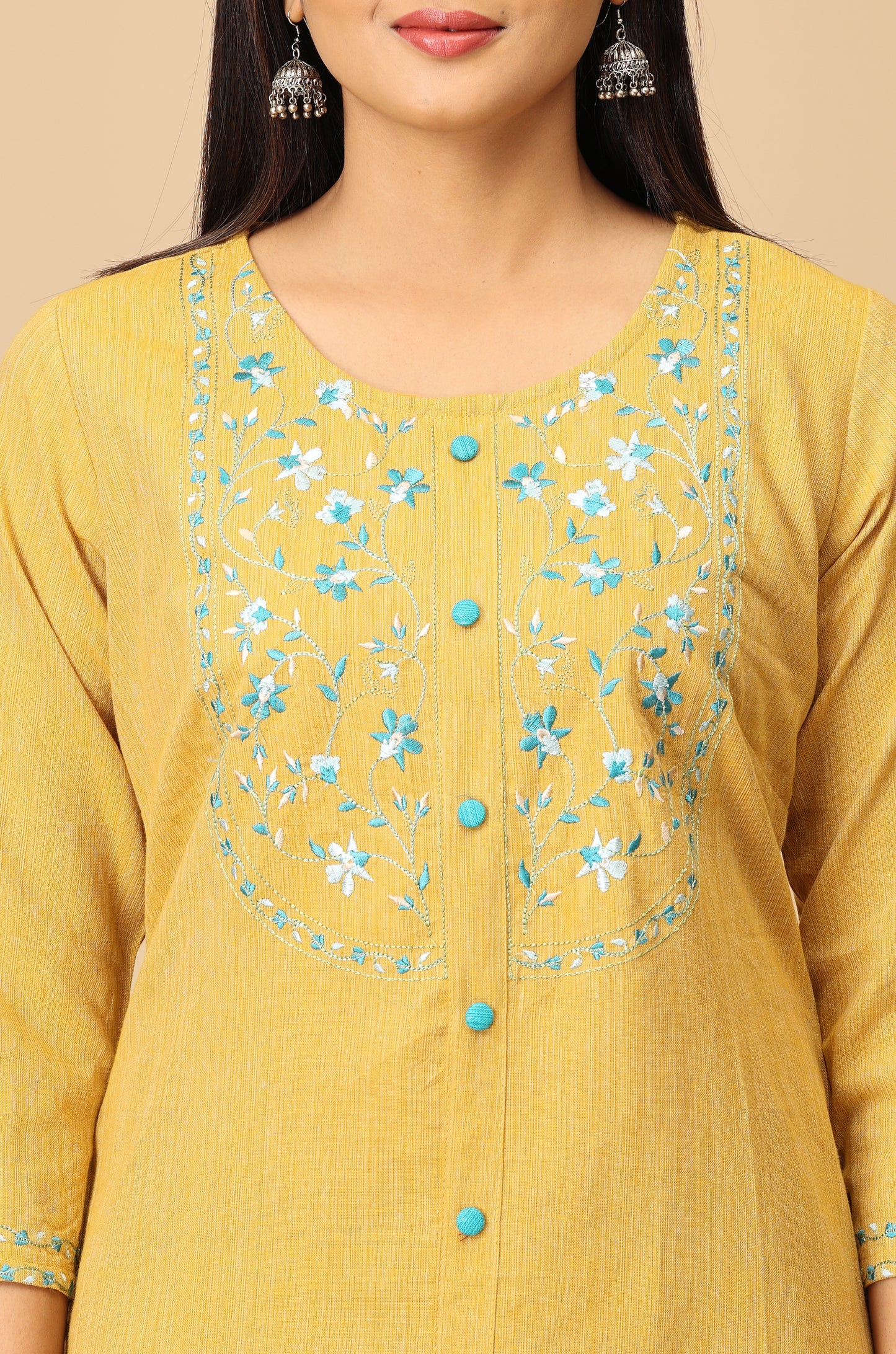 Mustard Khadi Embroidery Kurti