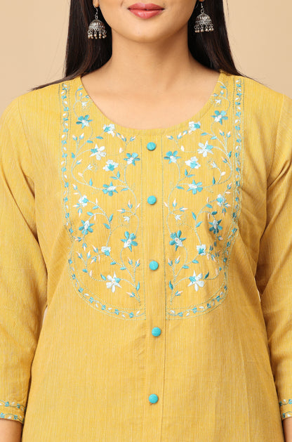 Mustard Khadi Embroidery Kurti