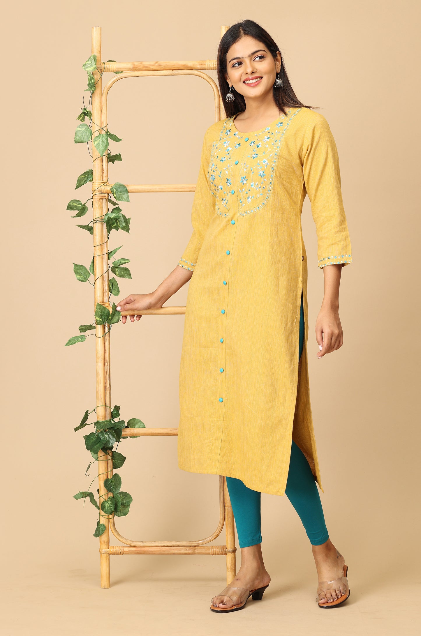 Mustard Khadi Embroidery Kurti