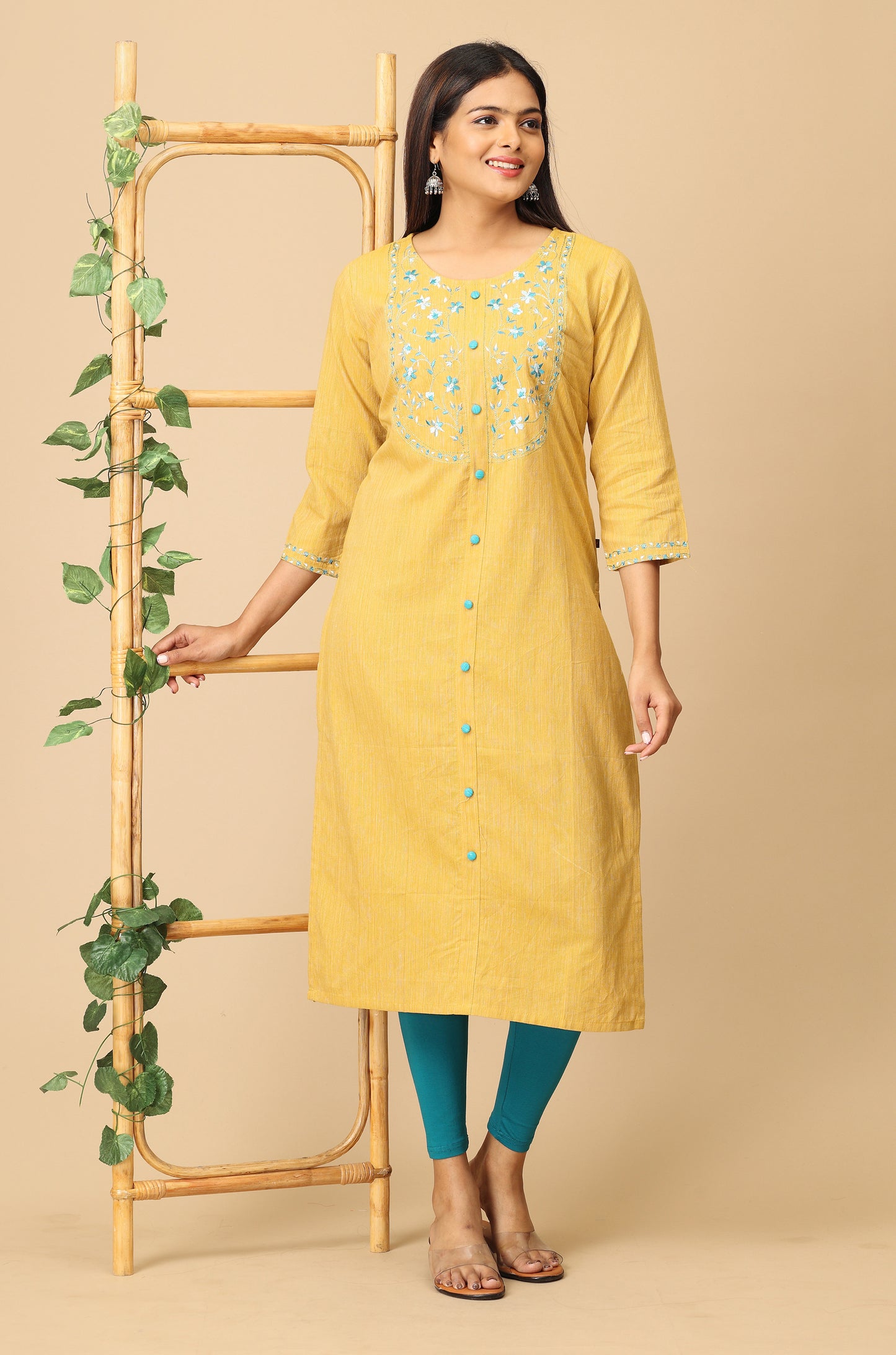 Mustard Khadi Embroidery Kurti
