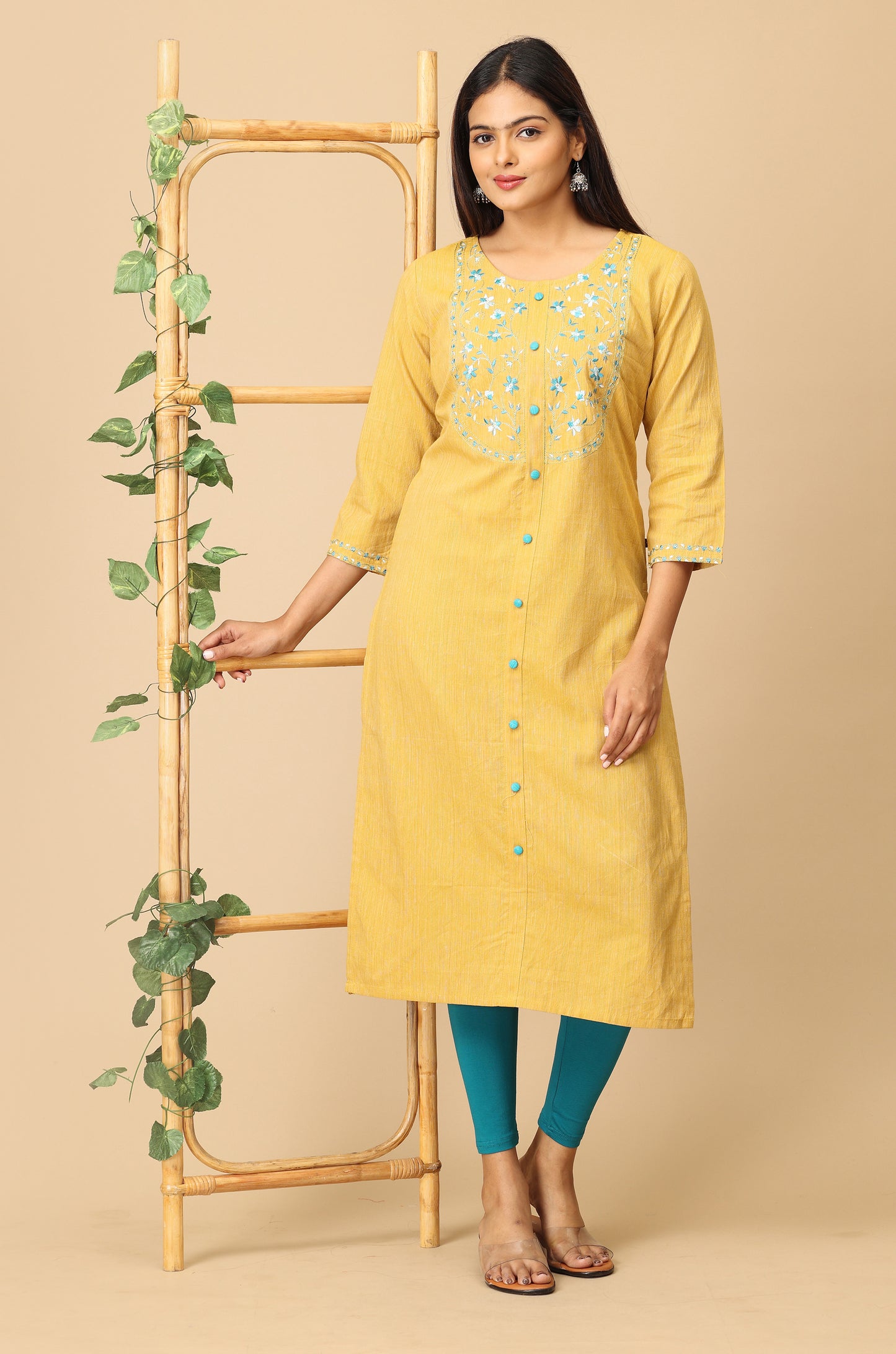 Mustard Khadi Embroidery Kurti