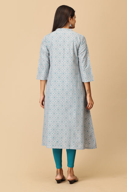 Grey Slub Silk Printed Kurti