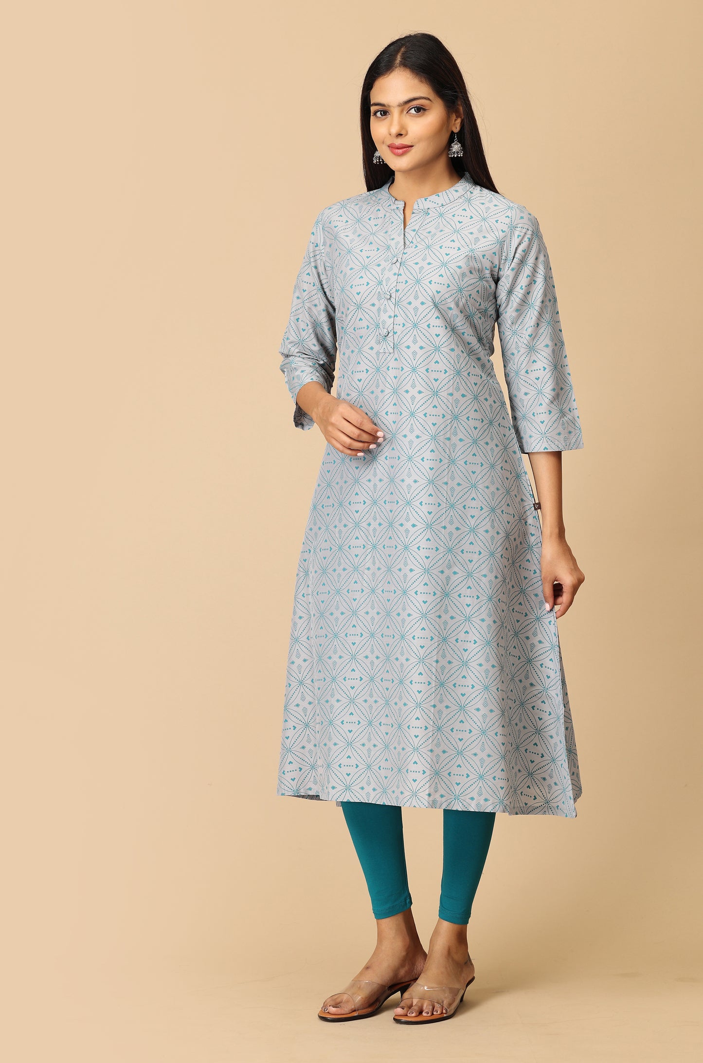 Grey Slub Silk Printed Kurti