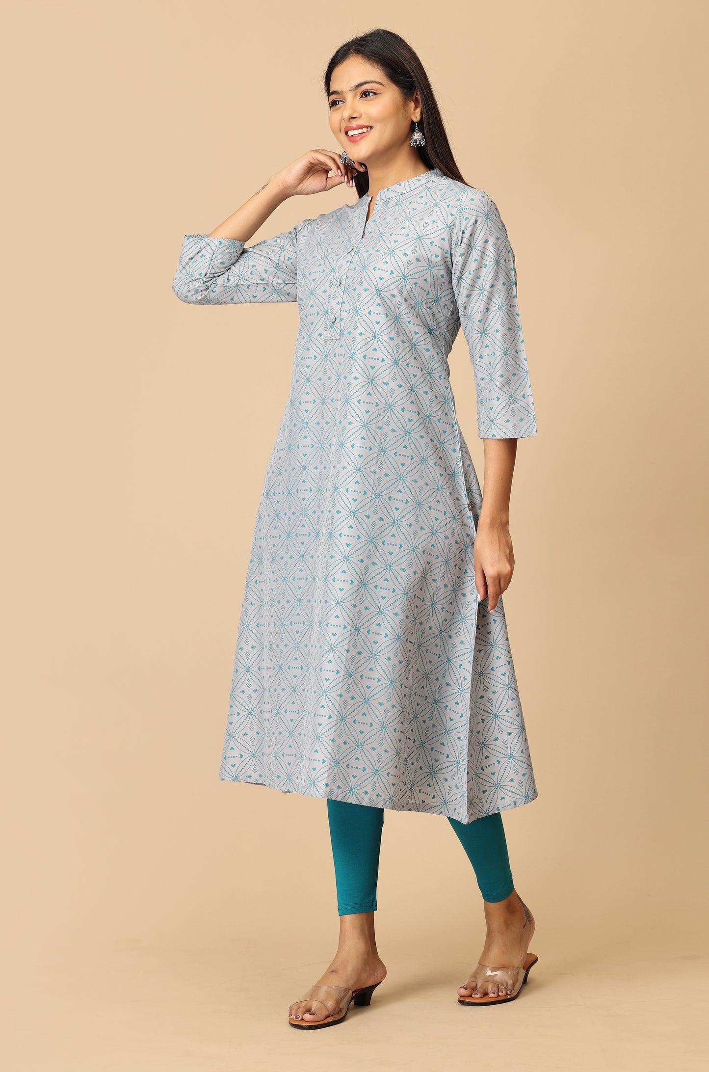 Grey Slub Silk Printed Kurti