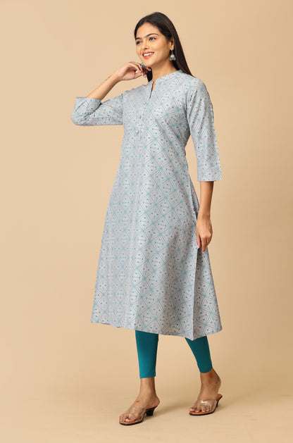 Grey Slub Silk Printed Kurti