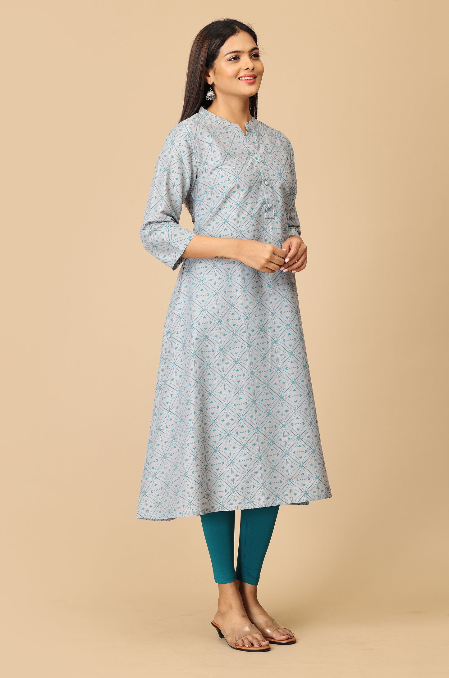 Grey Slub Silk Printed Kurti