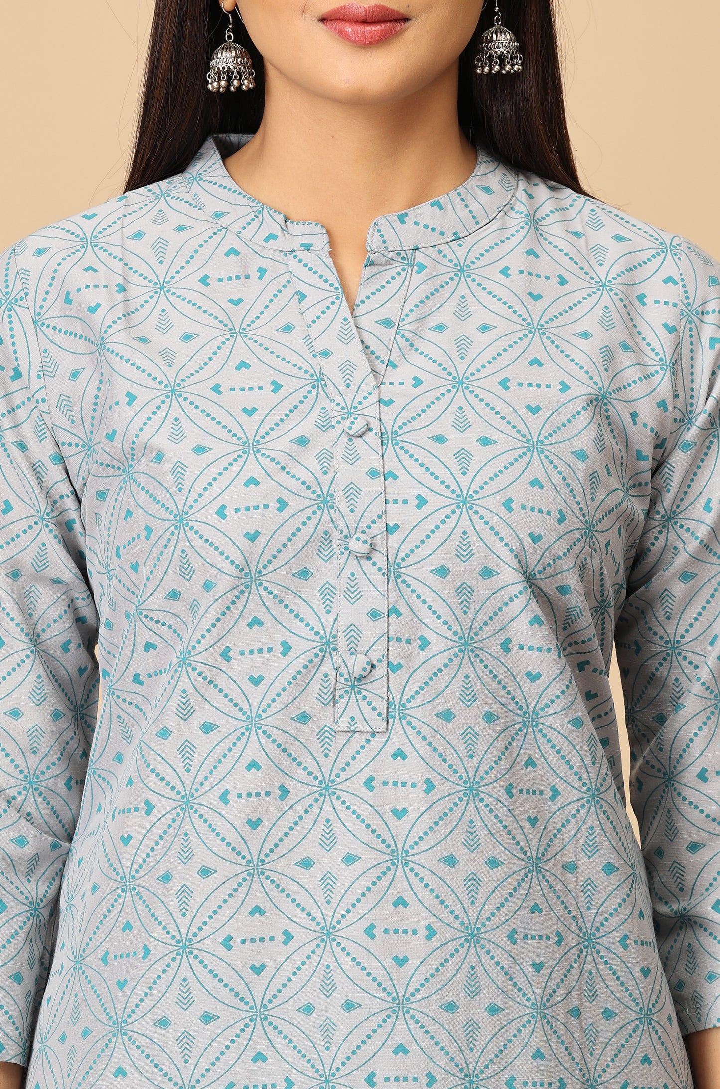 Grey Slub Silk Printed Kurti