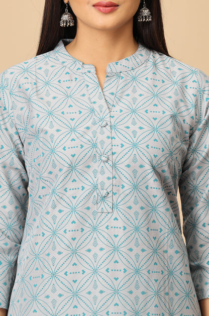 Grey Slub Silk Printed Kurti