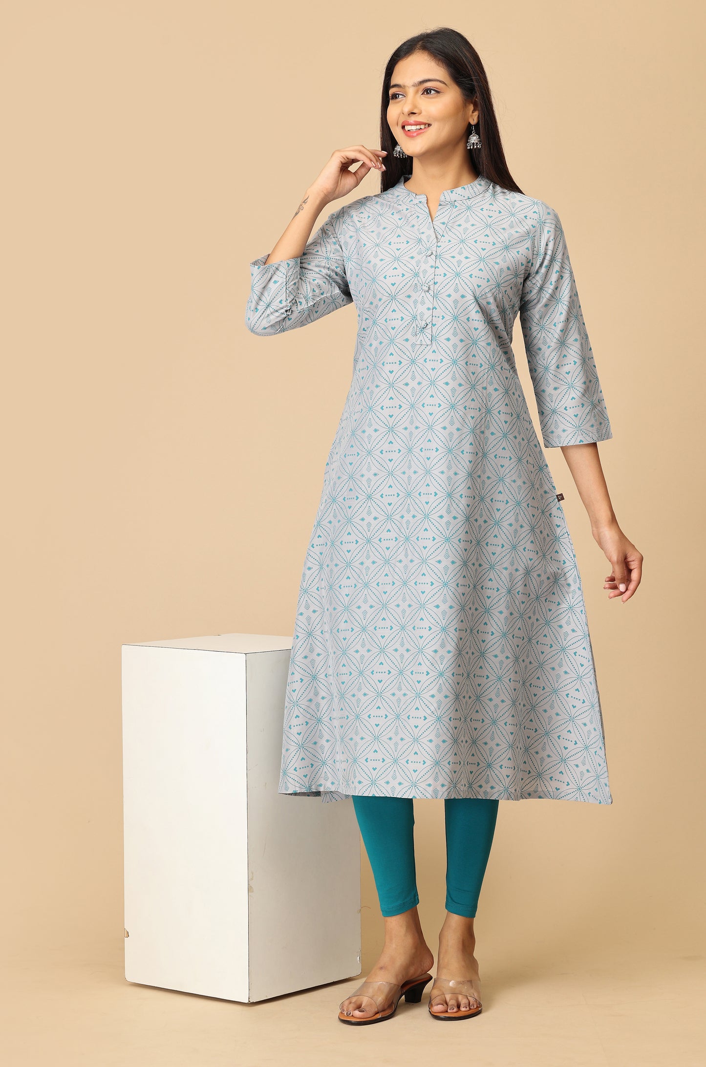 Grey Slub Silk Printed Kurti