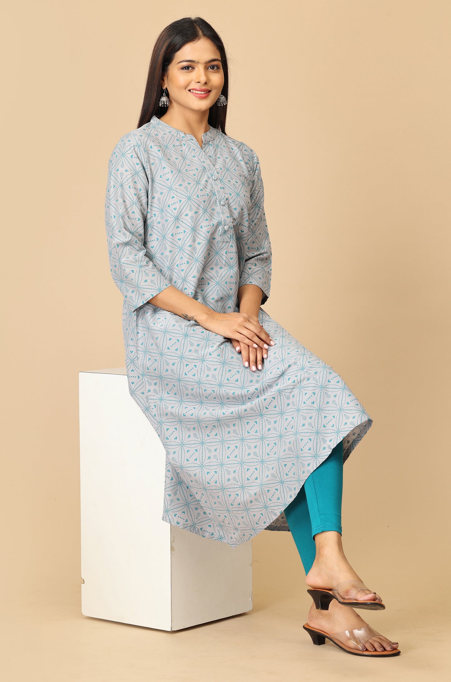 Grey Slub Silk Printed Kurti