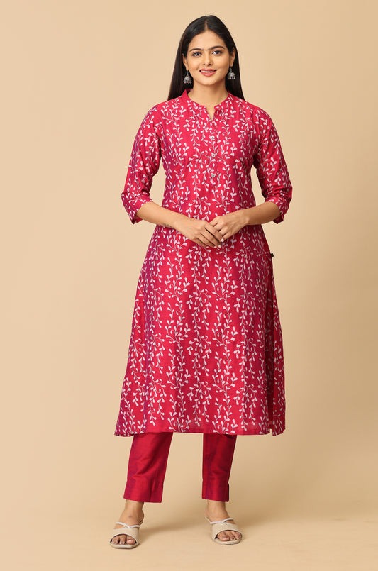 Magenta Slub Silk Printed Kurti Set - 2Pcs
