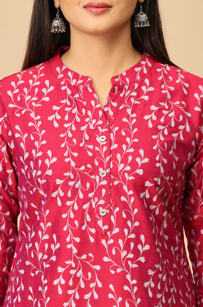 Magenta Slub Silk Printed Kurti Set - 2Pcs