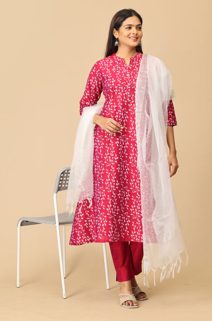 Magenta Slub Silk Printed Kurti Set - 2Pcs