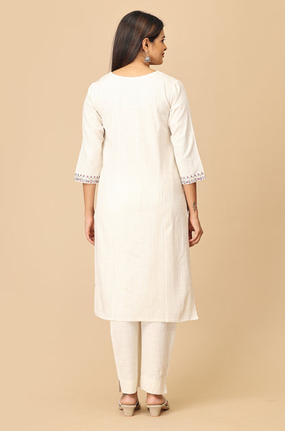 Off White  Self Textured Viscose Embroidery Kurti Set - 2Pcs