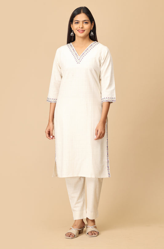 Off White  Self Textured Viscose Embroidery Kurti Set - 2Pcs