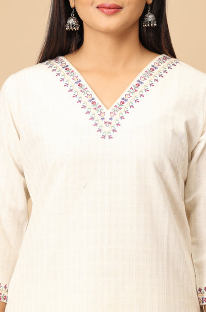 Off White  Self Textured Viscose Embroidery Kurti Set - 2Pcs