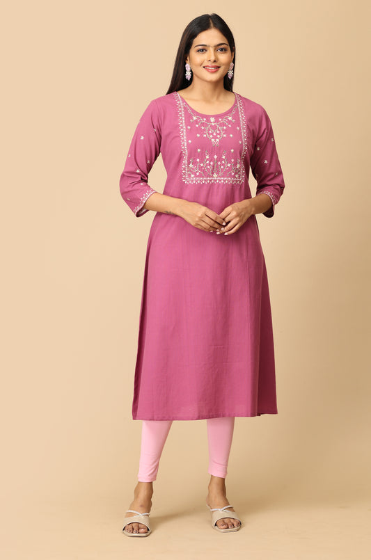 Mauve Malai Cotton Embroidery Kurti