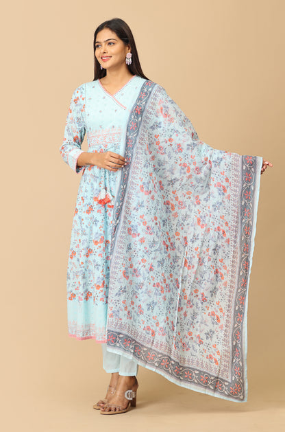 Blue Angrakha Cotton Printed with Embroidery Anarkali Set