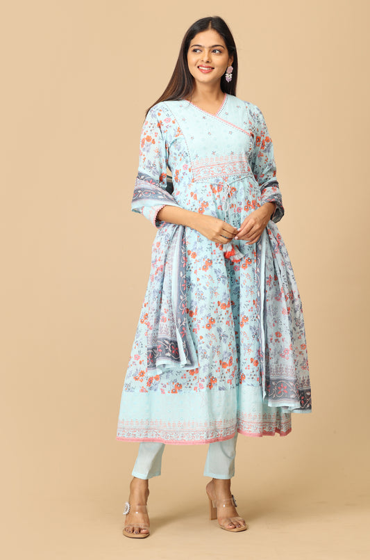 Blue Angrakha Cotton Printed with Embroidery Anarkali Set
