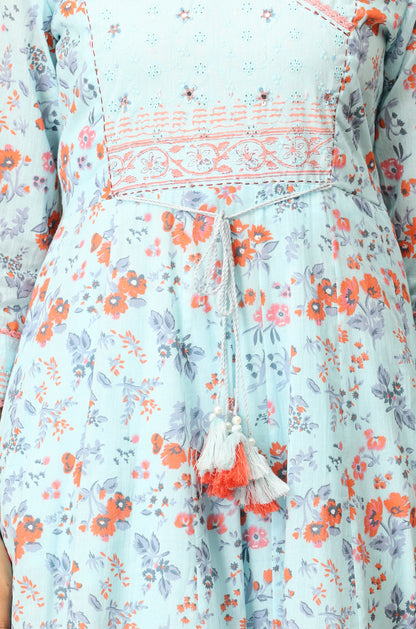 Blue Angrakha Cotton Printed with Embroidery Anarkali Set