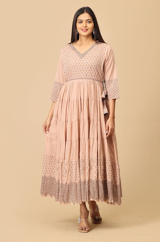 Beige  Cotton Printed with Handwork Anarkali