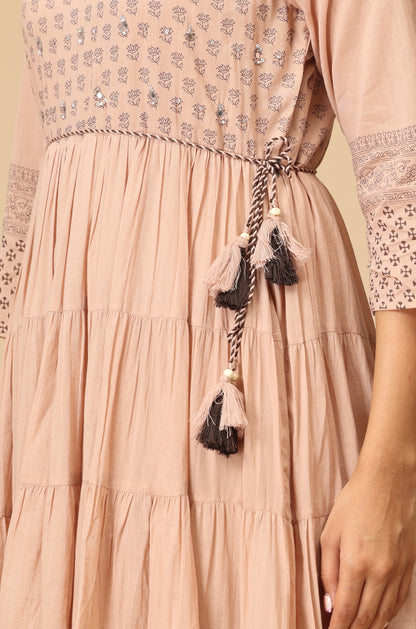Beige  Cotton Printed with Handwork Anarkali