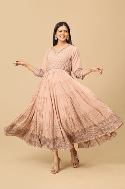 Beige  Cotton Printed with Handwork Anarkali