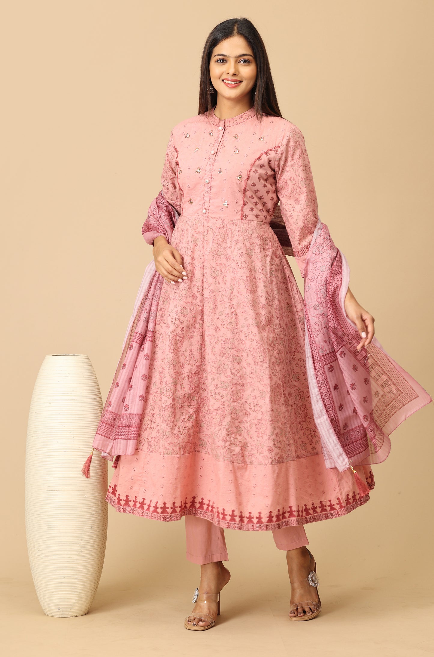 Mauve Cotton Printed with Sequence Embroidery Anarkali Set