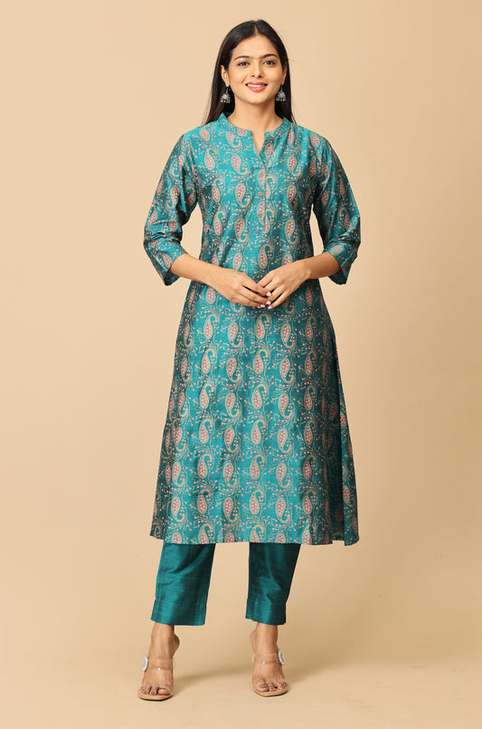 Peacock Green Slub Silk Printed A-Line Kurti Set - 2Pcs