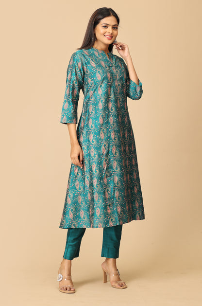 Peacock Green Slub Silk Printed A-Line Kurti Set - 2Pcs