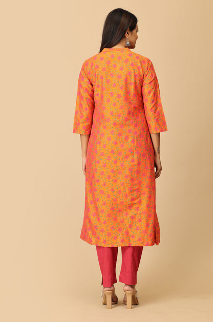 Orange Slub Silk Printed Kurti