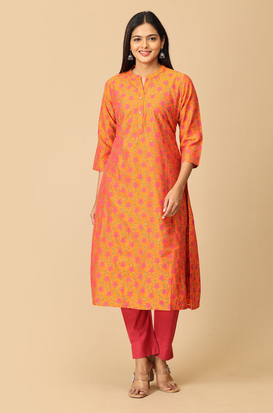 Orange Slub Silk Printed Kurti
