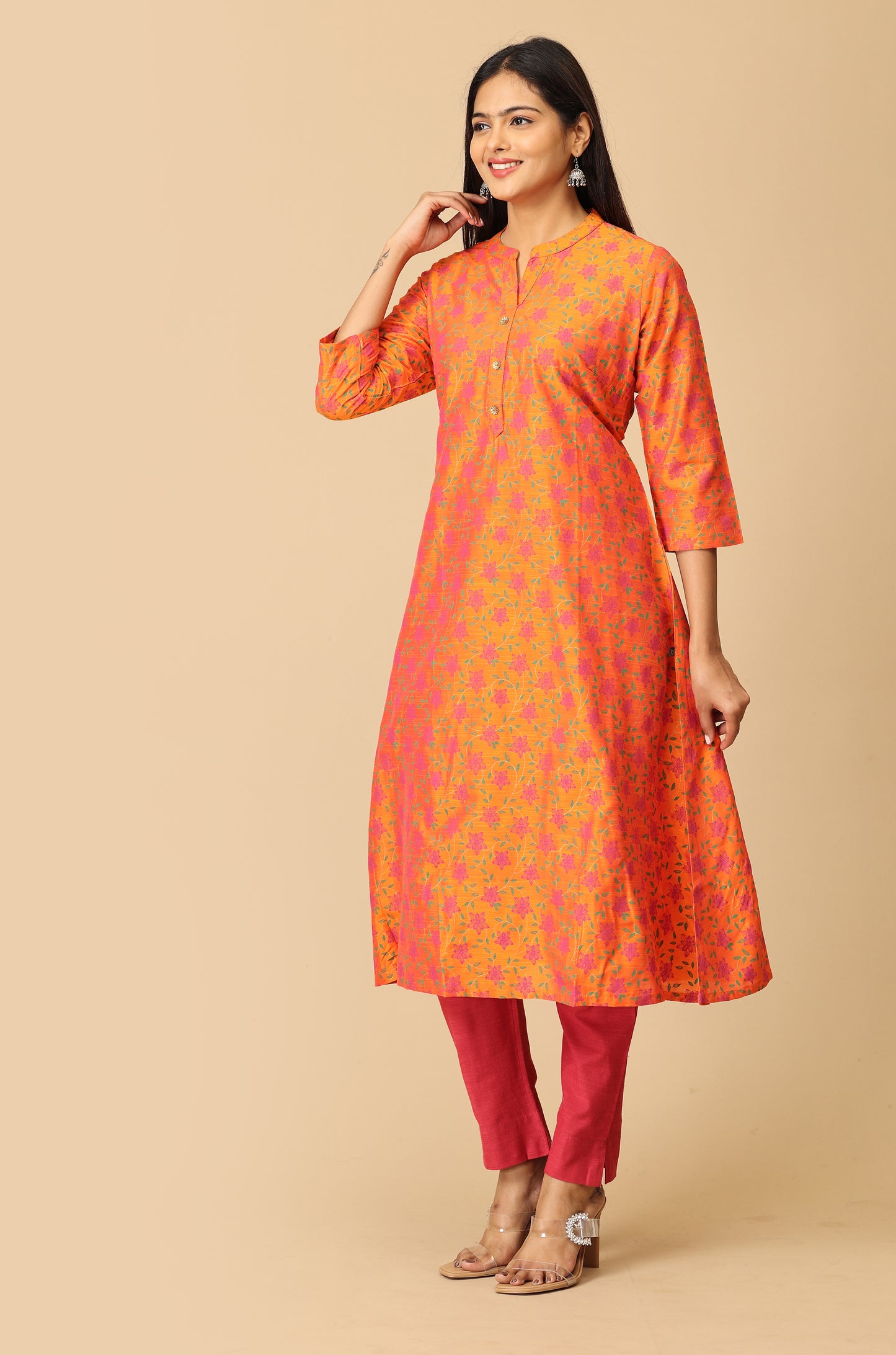 Orange Slub Silk Printed Kurti