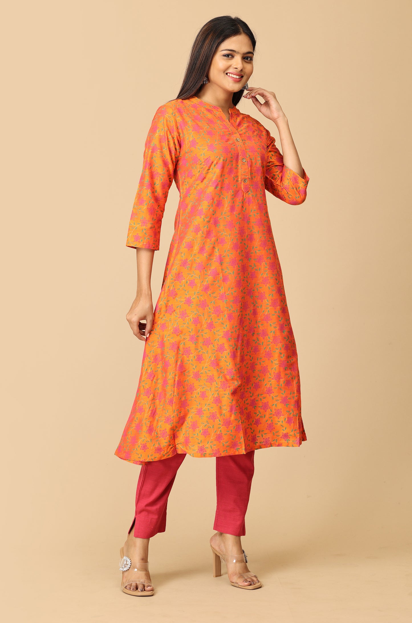 Orange Slub Silk Printed Kurti