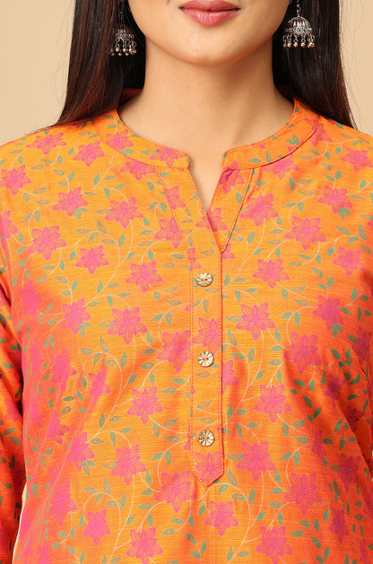 Orange Slub Silk Printed Kurti