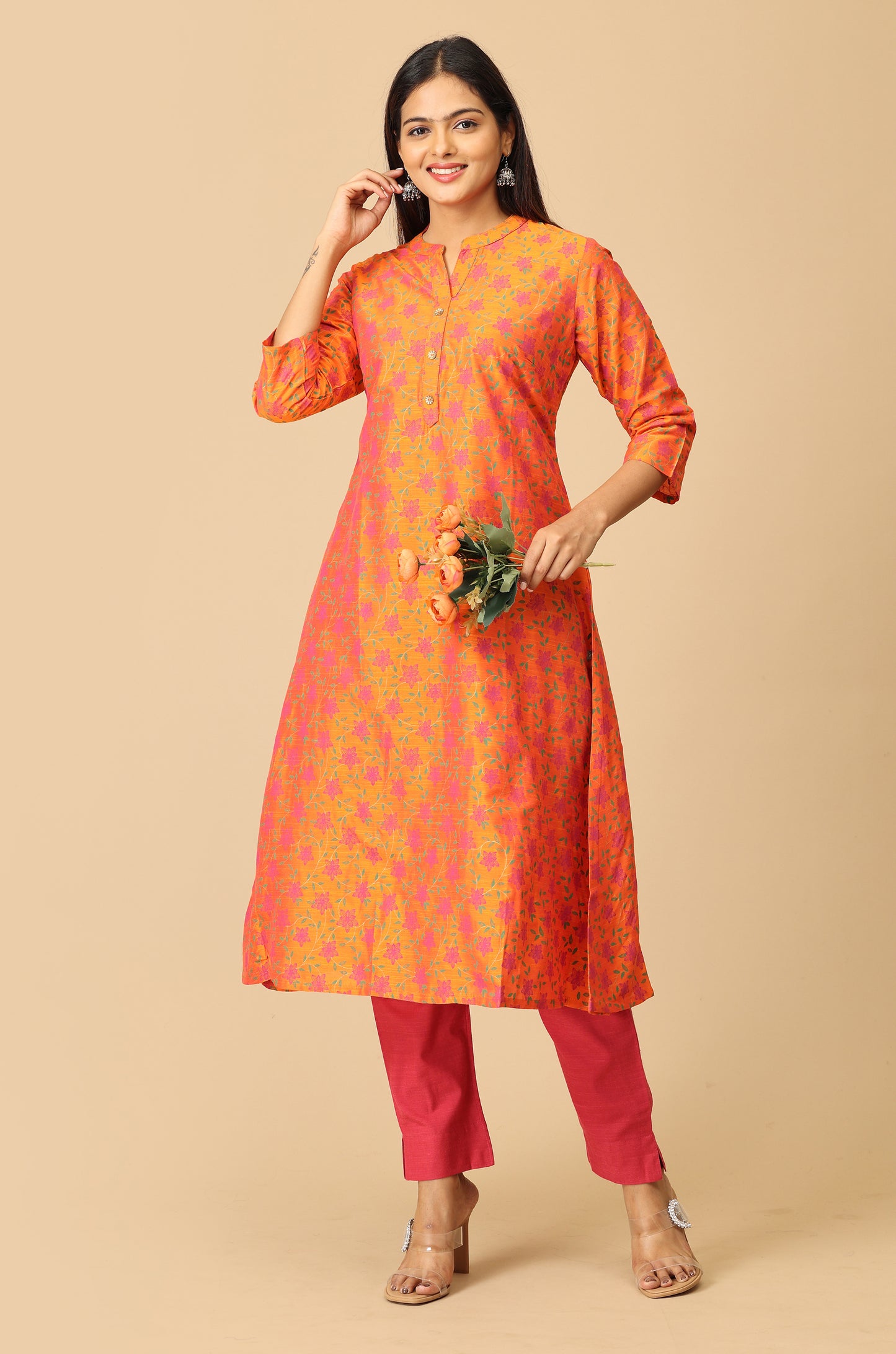 Orange Slub Silk Printed Kurti