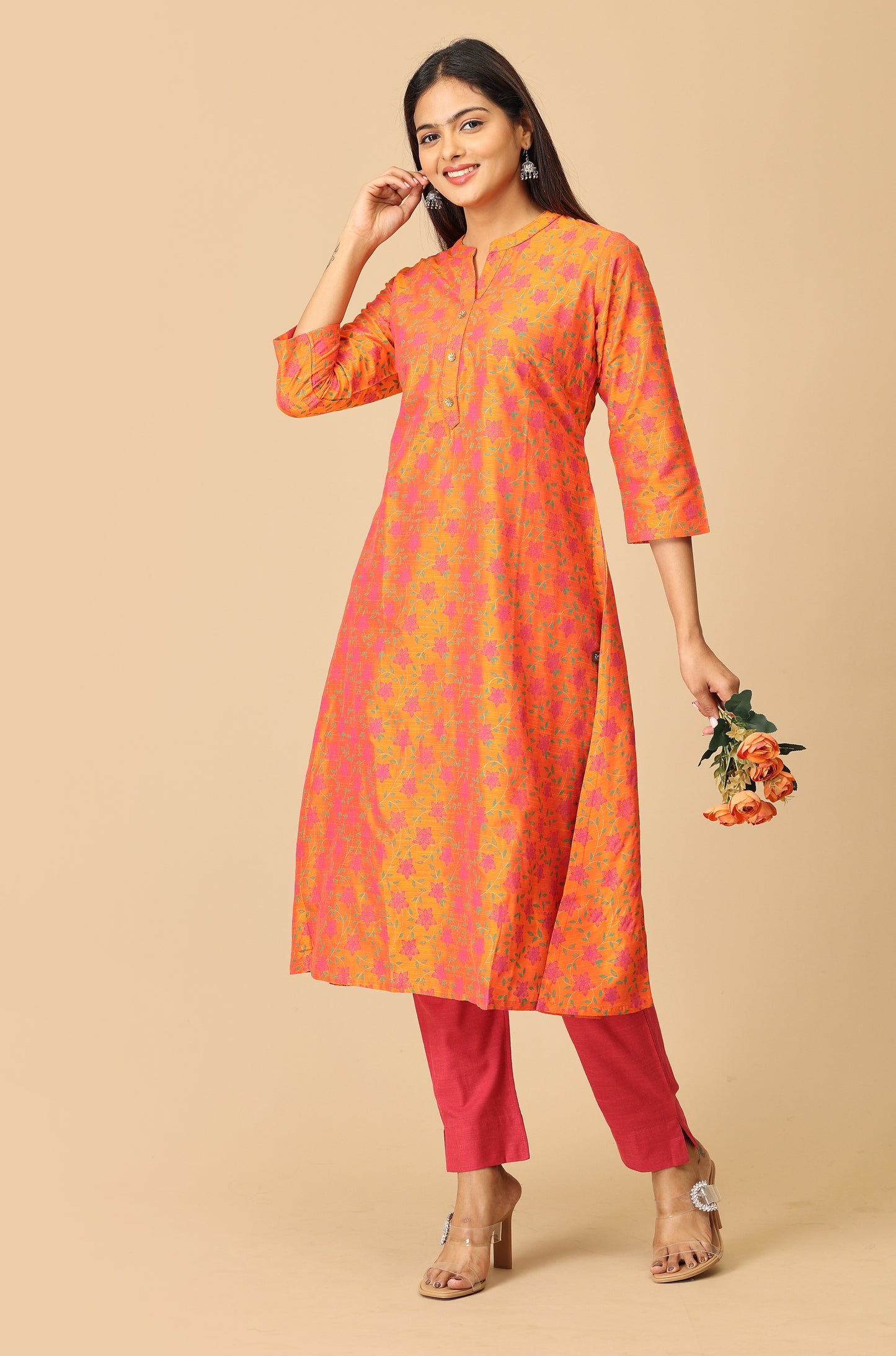 Orange Slub Silk Printed Kurti