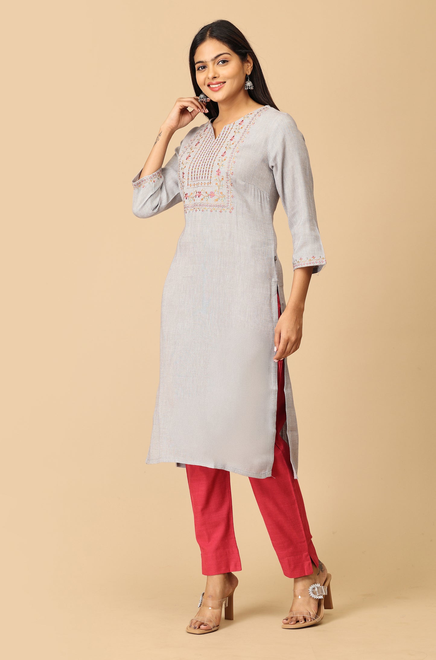 Grey Matty Straight Embroidery Kurti