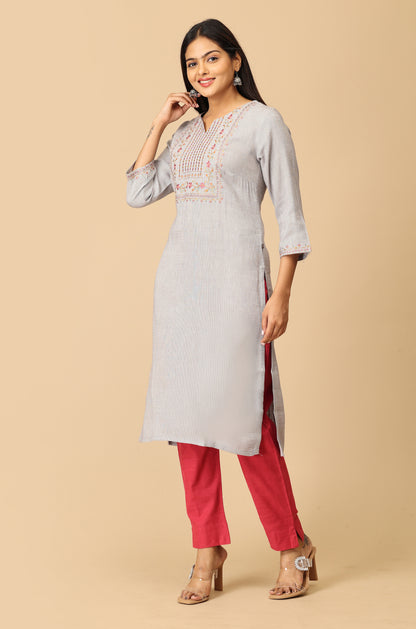 Grey Matty Straight Embroidery Kurti