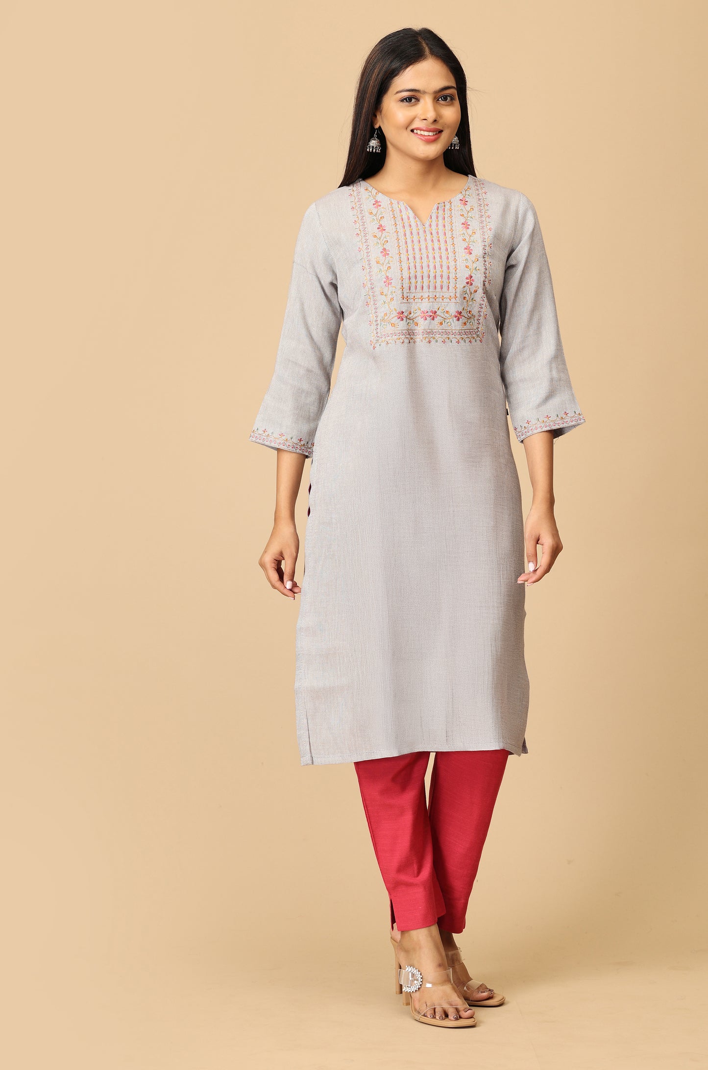 Grey Matty Straight Embroidery Kurti