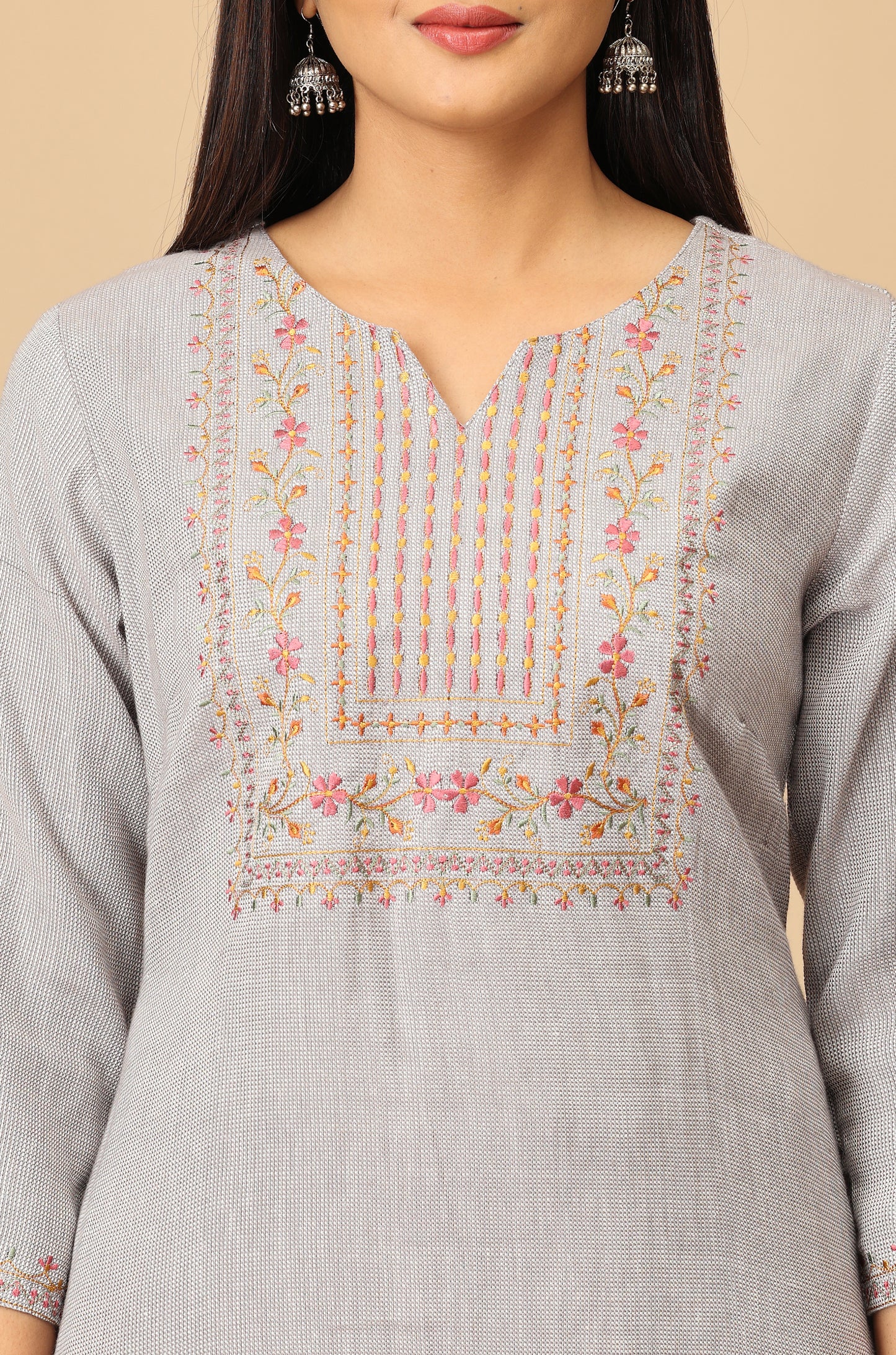 Grey Matty Straight Embroidery Kurti