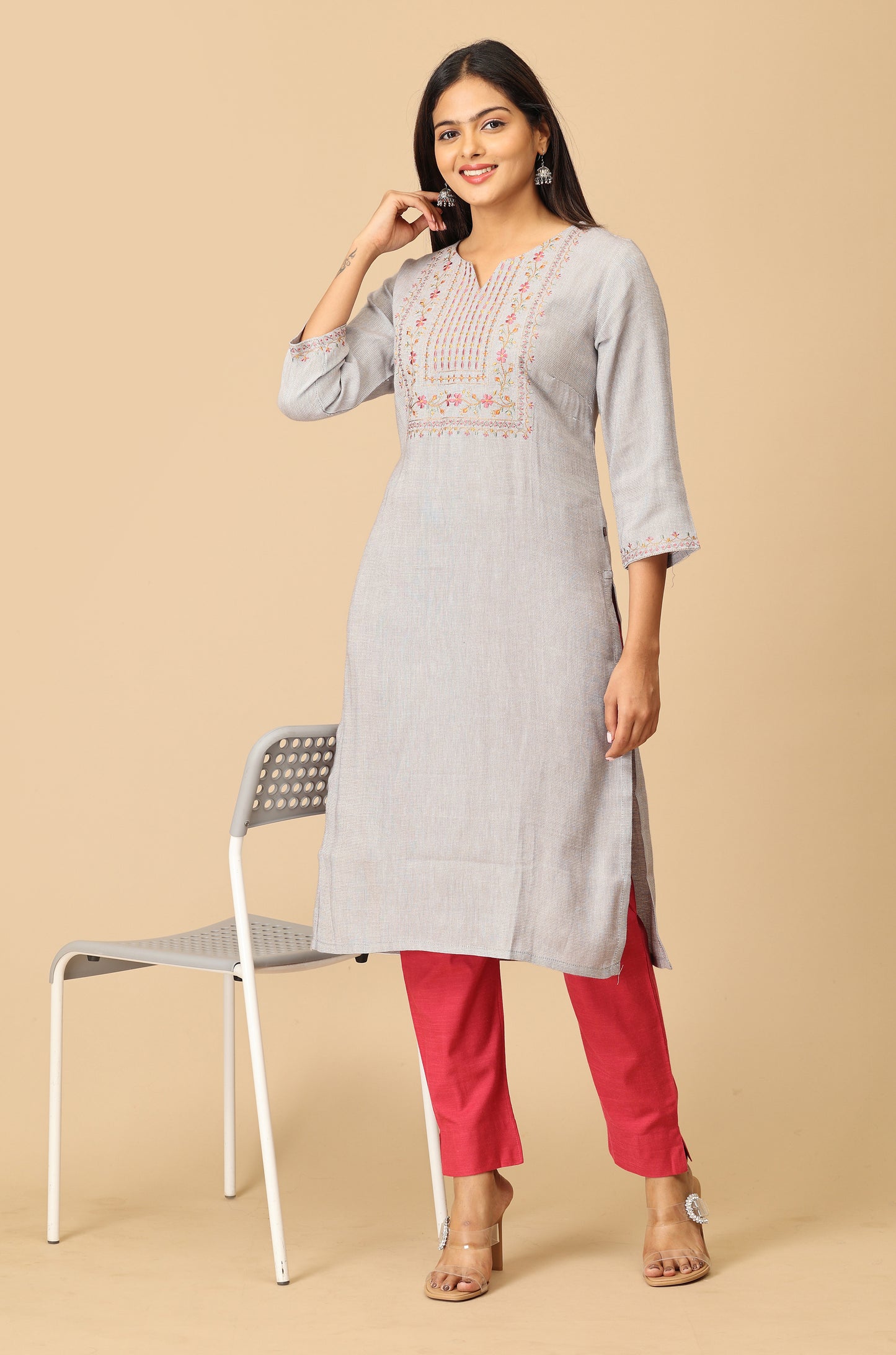 Grey Matty Straight Embroidery Kurti