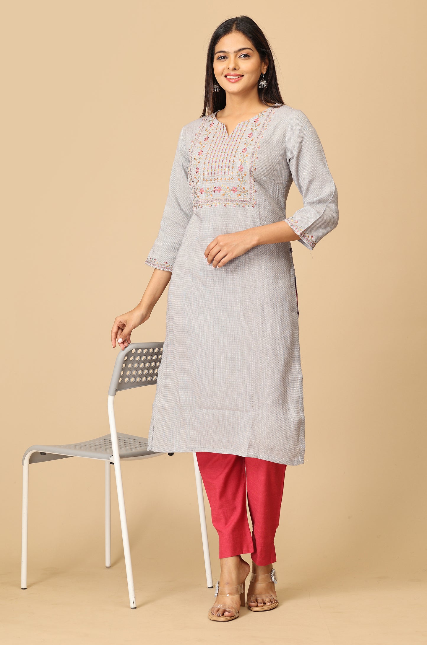 Grey Matty Straight Embroidery Kurti