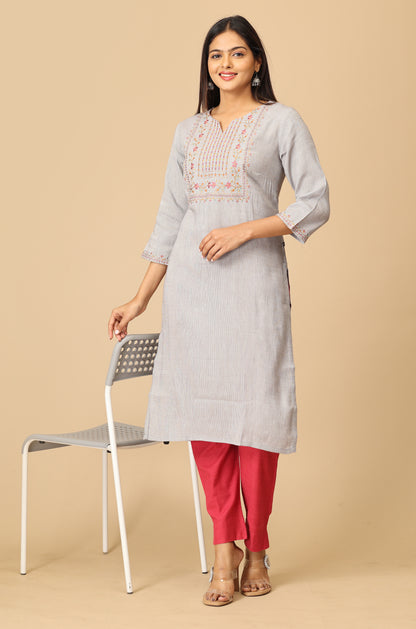 Grey Matty Straight Embroidery Kurti