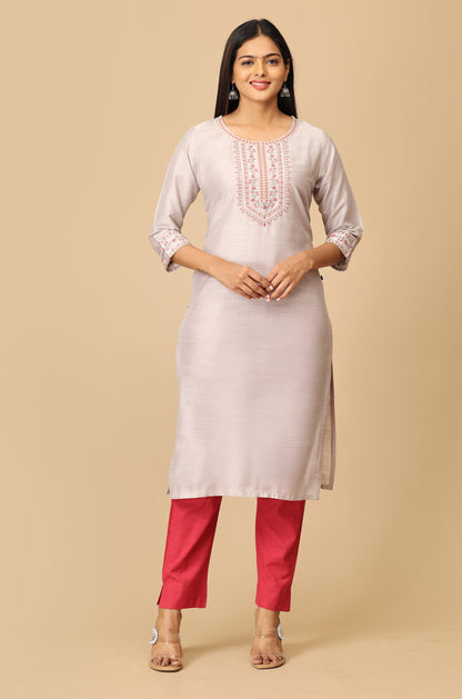 Grey Slub Silk Embroidery Kurti