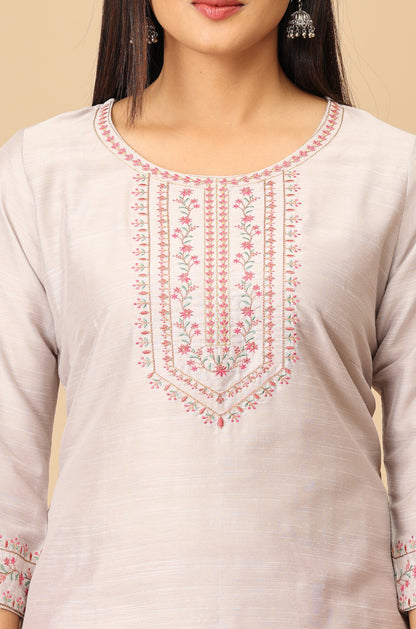 Grey Slub Silk Embroidery Kurti