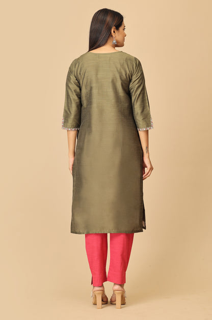 Army Green Slub Silk V Neck Embroidery Kurti