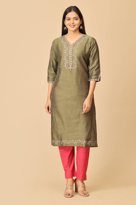 Army Green Slub Silk V Neck Embroidery Kurti