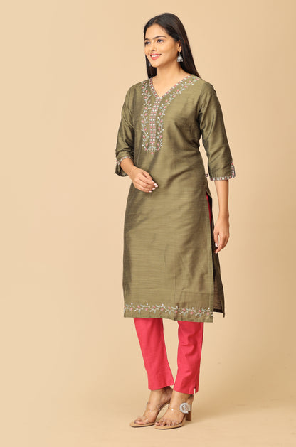 Army Green Slub Silk V Neck Embroidery Kurti
